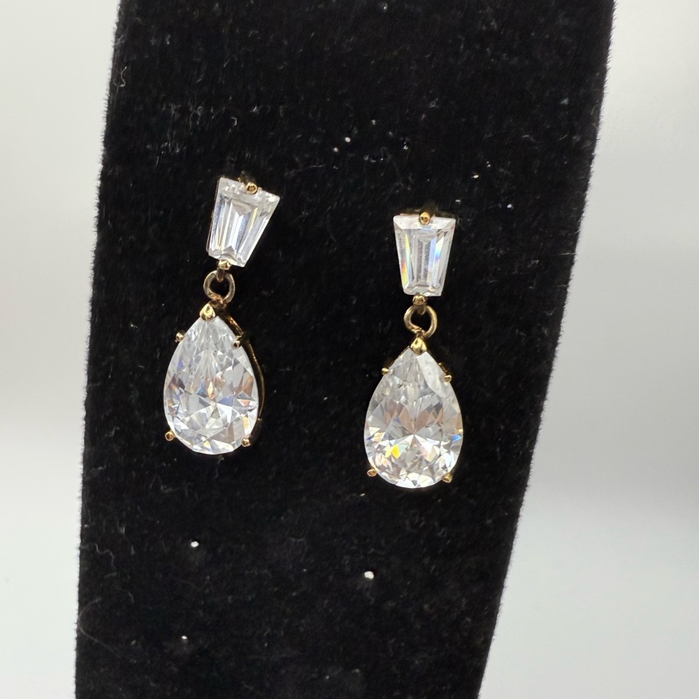 Elegant Sterling Silver & Gold Pear & Baguette Pierced Earrings, Runway Sparkle